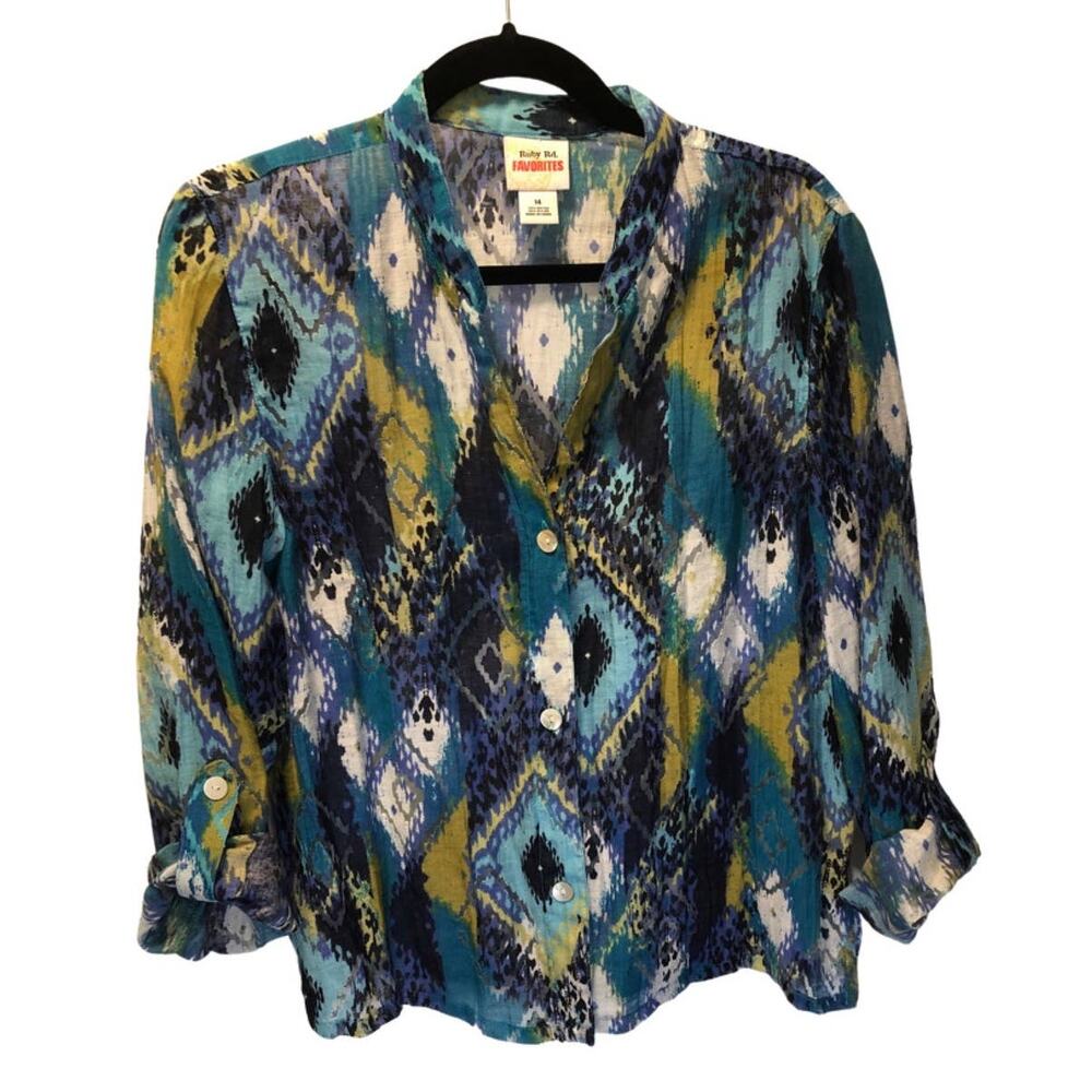 Ruby Rd. Favorites, Peacock Blue, Sheer button top, women 14